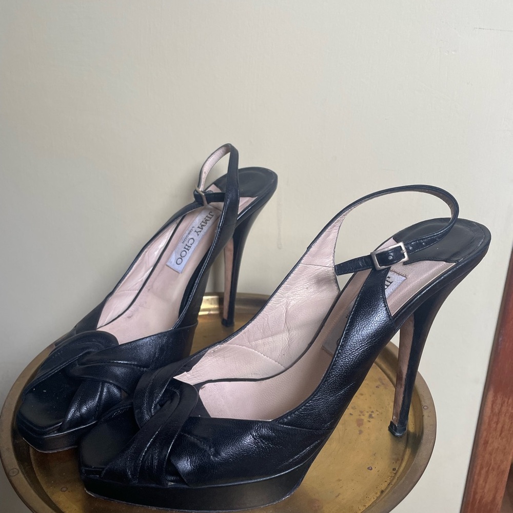 Jimmy Choo Black Leather Slingback Platform Pumps